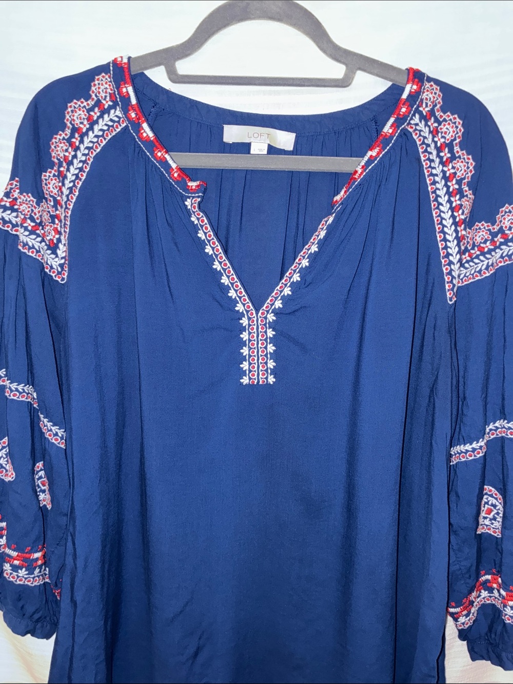 LOFT, Women’s L, Royal Blue Top with Embroidered Accent